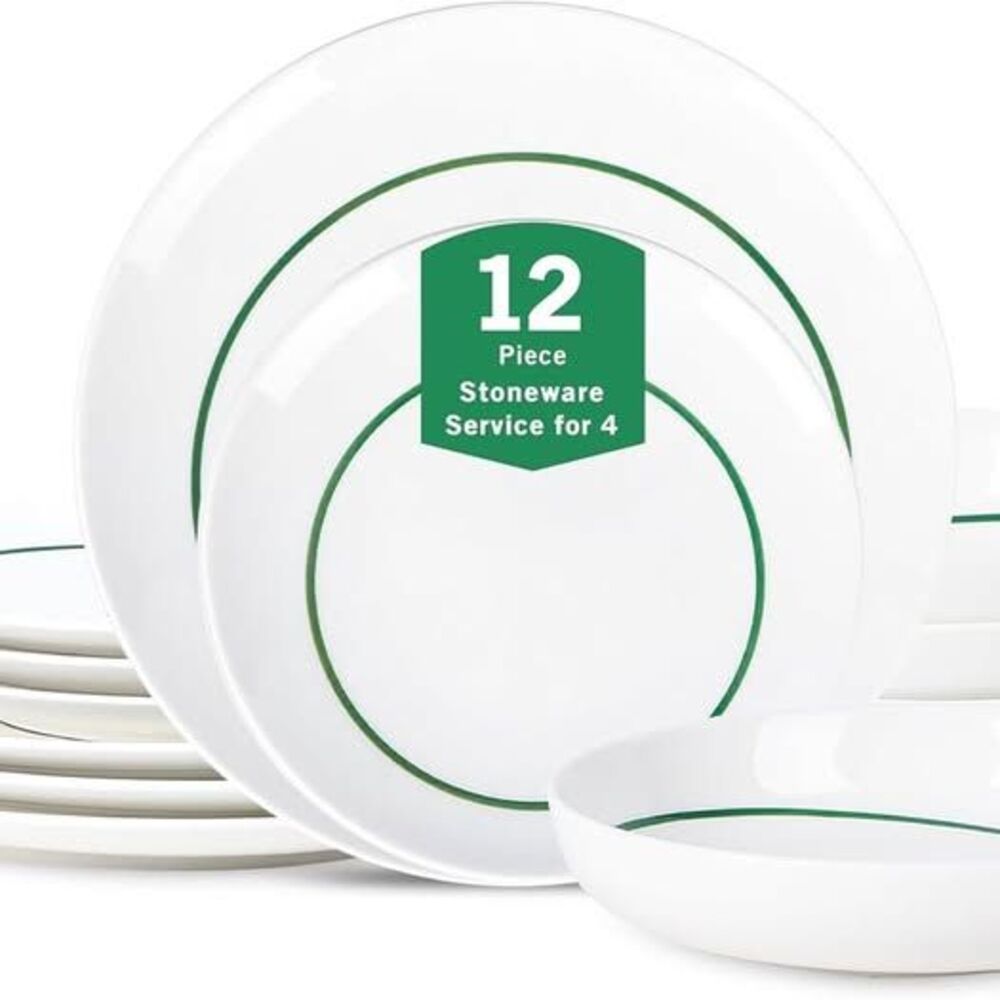 Stone Lain Luna 12-Piece Porcelain Dinnerware Set Plates Bowls, Dish Set for 4